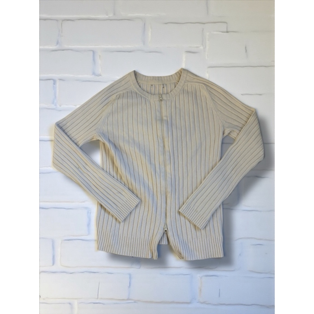Unbranded Womens Small Cream Rib Knit Two Way Zip Crewneck Cardigan Sweater Fall